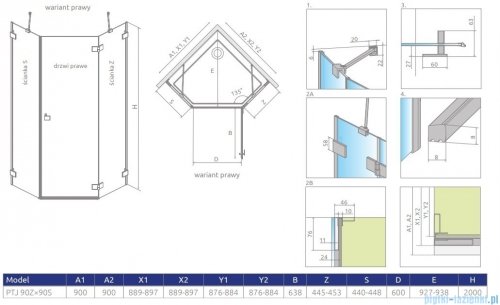 Radaway Essenza Pro Brushed Copper Ptj kabina pięciokątna 90x90 prawa szczotkowana miedź 10100000-93-01R/10100200-01-01