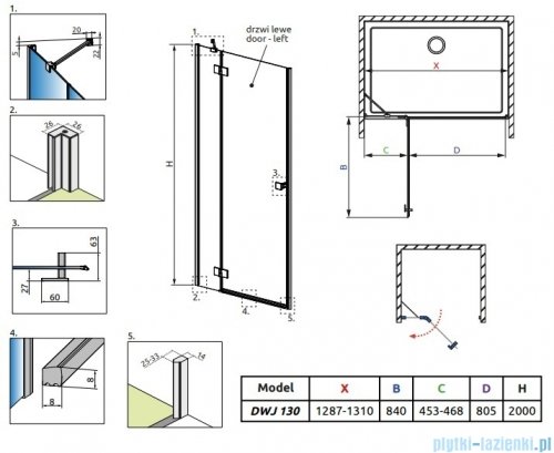 Radaway Essenza Brushed GunMetal Dwj drzwi wnękowe 130cm lewe szczotkowany grafit/szkło przejrzyste 1385017-92-01L