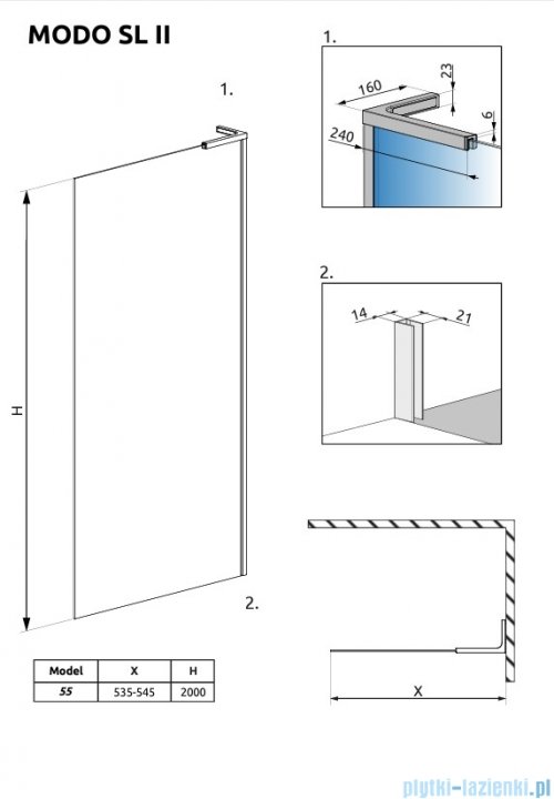 Radaway Modo SL II Brushed Nickel kabina Walk-in 55x200 prawa szczotkowany nikiel 10319055-91-01R