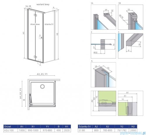 Radaway Essenza New KDJ-B kabina prysznicowa 100x80 lewa przejrzyste + brodzik Doros D + syfon 385083-01-01L/384051-01-01/SDRD1080-01