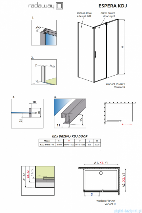 Radaway Espera KDJ Drzwi prysznicowe 110 prawe szkło przejrzyste 380545-01R/380231-01R