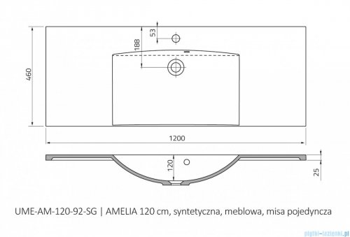 rysunek techniczny Oristo Amelia umywalka meblowa 120x46cm UME-AM-120-92-C