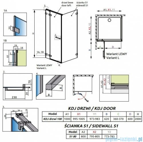 Radaway Euphoria KDJ Kabina prysznicowa 100x80 lewa szkło przejrzyste 383612-01L/383240-01L/383051-01