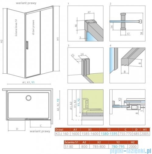 Radaway Idea Kdj Brushed Nickel kabina 160x80cm prawa szczotkowany nikiel 387046-91-01R/387051-91-01L