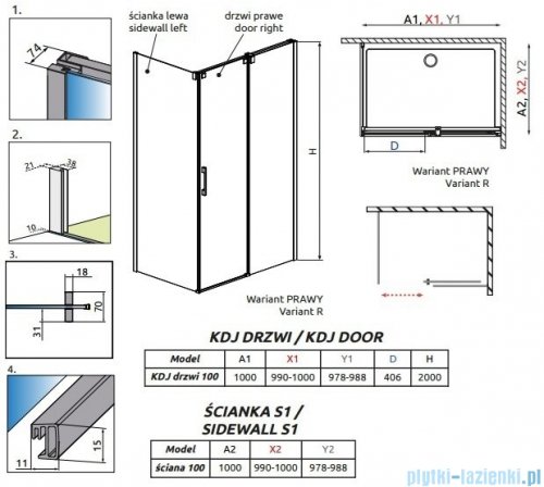 Radaway Espera KDJ kabina prysznicowa 100x100 prawa szkło przejrzyste 380495-01R/380230-01R/380140-01L