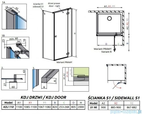 Radaway Essenza New Black Kdj kabina 110x90cm prawa szkło przejrzyste 385041-54-01R/384050-54-01
