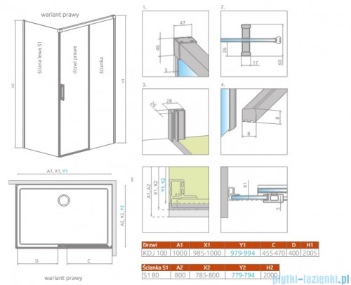 Radaway Idea 8 Kdj kabina 100x80cm prawa szkło przejrzyste 10340520-01-01R/10350453-01-01/10360080-01-01L