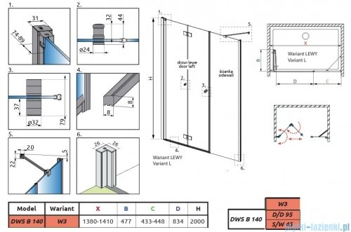 Radaway Nes Brushed Gold DWSB drzwi wnękowe 140cm W3 lewe złoto szczotkowane szkło przejrzyste 10044950-99-01L/10045450-01-01