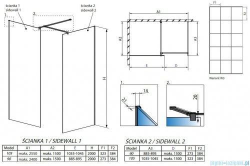 Radaway Modo New Black III kabina Walk-in 105x90x200 Frame rysunek techniczny