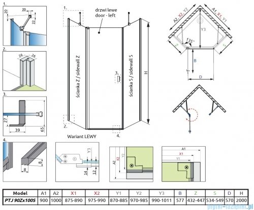 Radaway Nes Brushed Copper Ptj kabina pięciokątna 90x100cm lewa miedź szczotkowana 10052000-93-01L/10052800-93-01