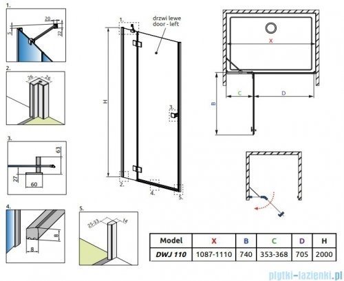 Radaway Essenza Brushed GunMetal Dwj drzwi wnękowe 110cm lewe szczotkowany grafit/szkło przejrzyste 1385015-92-01L