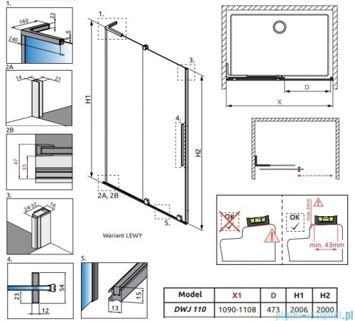 Radaway Furo SL Dwj drzwi 110cm lewe chrom połysk/szkło przejrzyste 10307572-01-01L/10110530-01-01