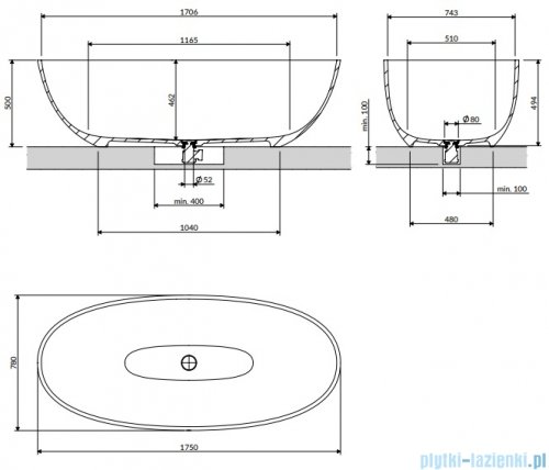 Omnires Shell M+ wanna wolnostojąca 175x78 cm biały połysk SHELL175WWBP