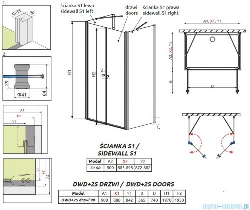 Radaway Eos II DWD+2S kabina 90x90x90x197 szkło przejrzyste + brodzik Delos C + syfon 3799401-01/3799411-01L/3799411-01R/SDC0909-01