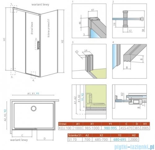 Radaway Idea Kdj Brushed Nickel kabina 100x70cm lewa szczotkowany nikiel 387040-91-01L/387048-91-01R