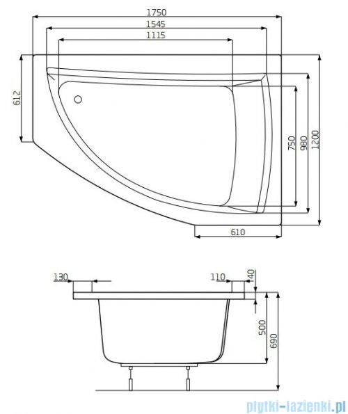 Roca Aquamarina wanna asymetryczna 175x120cm prawa A24T256000