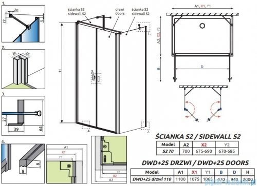 Radaway Nes Black DWD+2S kabina 70x110x70cm czarny mat/szkło przejrzyste 10040070-54-01/10035110-54-01/10040070-54-01
