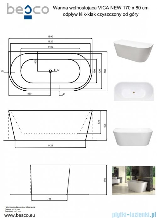 Besco Vica New wanna 170x80cm wolnostojąca przyścienna z odpływem klik-klak złoty #WAS-170VNZO