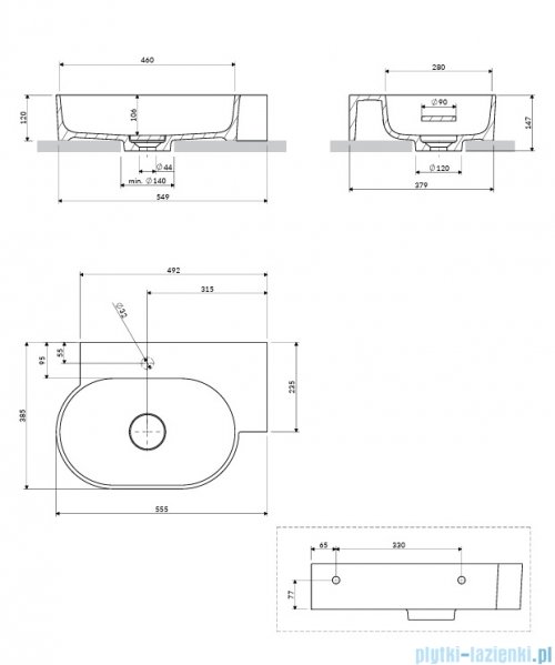 Omnires Ovo M+ umywalka nablatowa/wisząca prawa 55x38 cm ash grey mat OVO555UWPAG
