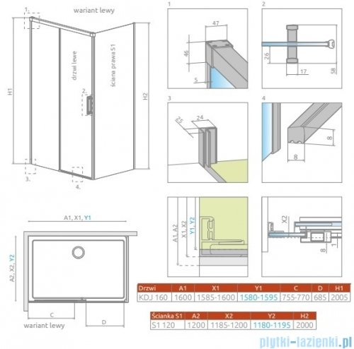 Radaway Idea Kdj Brushed Nickel kabina 160x120cm lewa szczotkowany nikiel 387046-91-01L/387054-91-01R