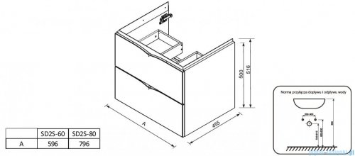 rysunek techniczny Oristo Siena szafka podumywalkowa wisząca 80x50x45cm biały połysk OR45-SD2S-80-1