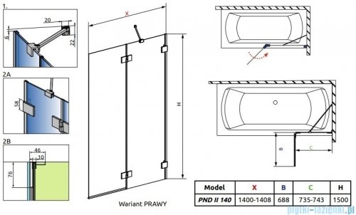 Radaway Essenza Pro Gold Pnd II parawan nawannowy 140cm Prawy złoty połysk/szkło przejrzyste 10102140-09-01R