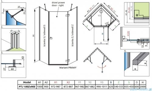 Radaway Essenza Black Ptj kabina pięciokątna 100x90cm prawa szkło przejrzyste 1385010-54-01R/1385057-01-01