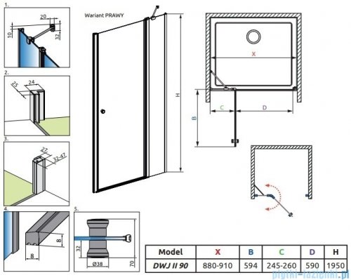 Radaway Eos DWJ II drzwi prysznicowe 90 prawe przejrzyste 13799441-01R