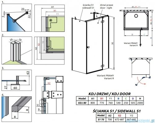 Radaway Essenza Brushed GunMetal Kdj+S kabina 70x80x70cm prawa szczotkowany grafit 1384048-01-01/1385021-92-01R/1384048-01-01