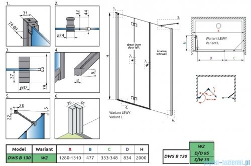 Radaway Nes Brushed Nickel DWSB drzwi wnękowe 130cm W2 lewe szczotkowany nikiel szkło przejrzyste 10044950-91-01L/10045350-01-01
