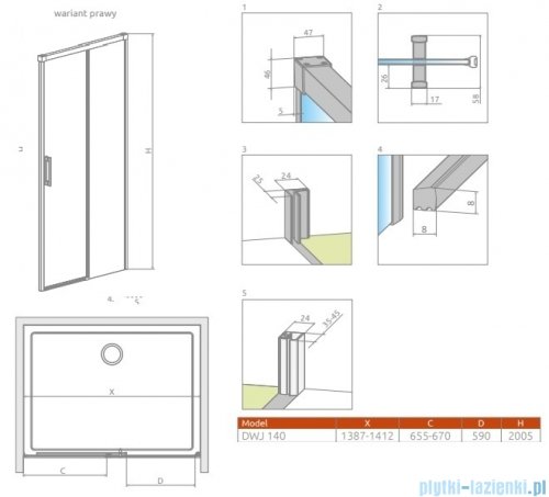 Radaway Idea 6 DWJ Brushed Light Gold drzwi wnękowe 140cm prawe szczotkowane jasne złoto 387018-98-01R
