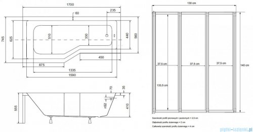 Besco Integra 170x75cm wanna Lewa + parawan 3-skrz + obudowa + syfon #WAI-170-PL3/#OAI-170-NS/19975