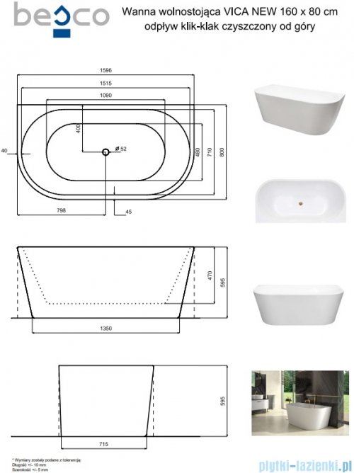 Besco Vica New wanna 160x80cm wolnostojąca przyścienna z odpływem klik-klak czarny matt #WAS-160VNCO