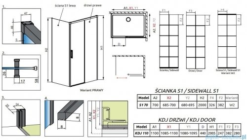 Radaway Idea Black Kdj Factory kabina prysznicowa 110x70 prawa czarny mat/szkło przejrzyste 387041-54-55R/387048-54-55L