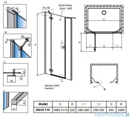 Radaway Fuenta New DWJS drzwi wnękowe 110cm lewe szkło przejrzyste 384030-01-01L/384090-01-01