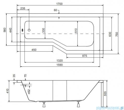 Besco Integra 170x75cm wanna asymetryczna prawa + obudowa + syfon #WAI-170-PP/#OAI-170-NS/19975