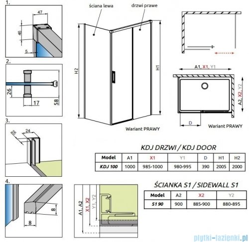 Radaway Idea Kdj Brushed GunMetal kabina 100x90cm prawa szczotkowany grafit 387040-92-01R/387050-92-01L