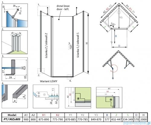 Radaway Nes Gold Ptj kabina pięciokątna 90x80cm lewa złoty połysk 10052000-09-01L/10052300-09-01