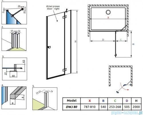 Radaway Essenza Black Dwj drzwi wnękowe 80cm prawe szkło przejrzyste 1385012-54-01R