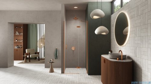 New Trendy Nesta Copper Brushed 100x200 cm drzwi wnękowe prawe wspornik skośny miedź szczotkowana/szkło przejrzyste D-0922A