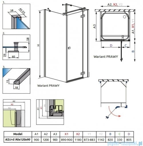 Radaway Kabina prysznicowa Almatea KDJ+S 90x120x90 prawa szkło przejrzyste 31553-01-01R1/31553-01-01R2