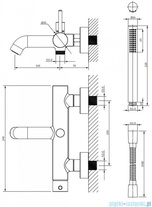 Omnires Y bateria wannowa z zestawem prysznicowym chrom Y1231CR