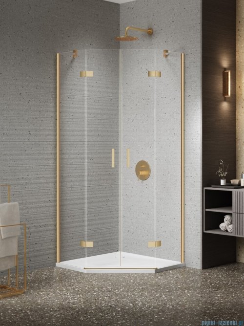 New Trendy Nesta Gold Brushed kabina prysznicowa pięciokątna 80x80x200 cm drzwi podwójne złoto szczotkowane/szkło przejrzyste K-3803