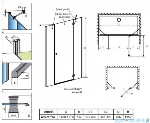 Radaway Torrenta DWJS drzwi wnękowe 150 prawe przejrzyste 1320712-01-01R/1320370-01-01
