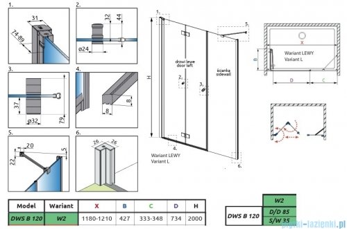 Radaway Nes Brushed Nickel DWSB drzwi wnękowe 120cm W2 lewe szczotkowany nikiel szkło przejrzyste 10044850-91-01L/10045350-01-01