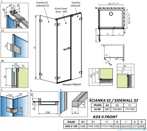 Radaway Arta Kds II kabina 120x80cm prawa szkło przejrzyste 386521-03-01L+1386106-03-01+386110-03-01