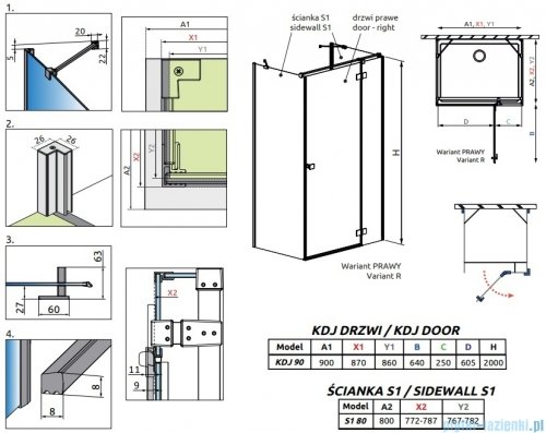 Radaway Essenza Brushed Copper Kdj+S kabina 80x90x80cm prawa szczotkowana miedź 1384051-01-01/1385020-93-01R/1384051-01-01