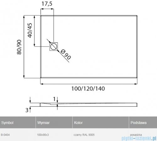 New Trendy Mori brodzik prostokątny z konglomeratu 100x90x3 cm czarny B-0404