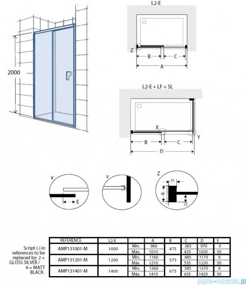 Roca Metropolis drzwi prysznicowe 100x200cm przejrzyste profile CZARNY MAT AMP1310016M
