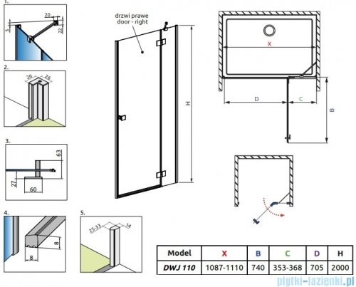 Radaway Essenza Black Dwj drzwi wnękowe 110cm prawe szkło przejrzyste 1385015-54-01R